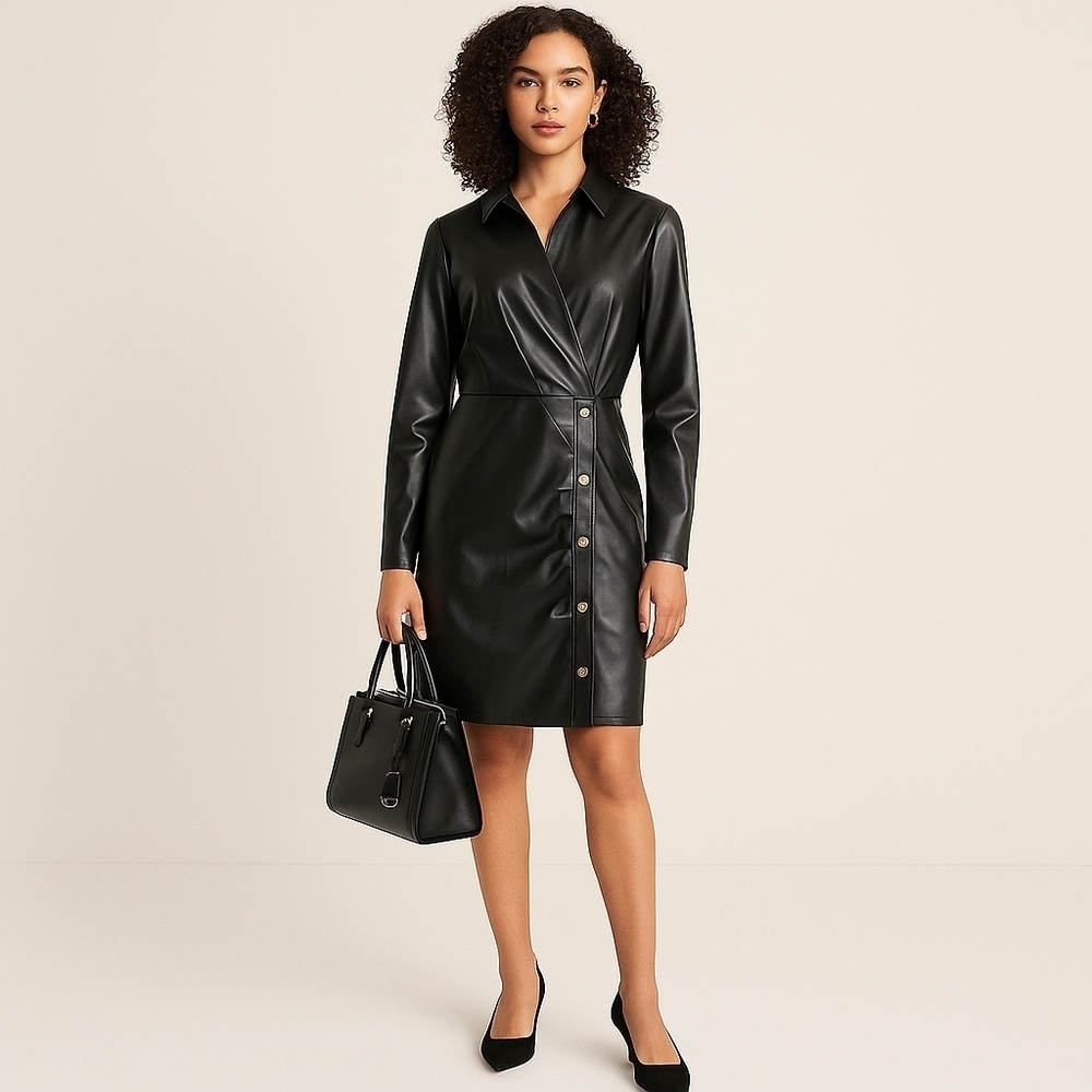 MICHAEL Michael Kors Faux Leather Shirt Dress Black Size L NWOT